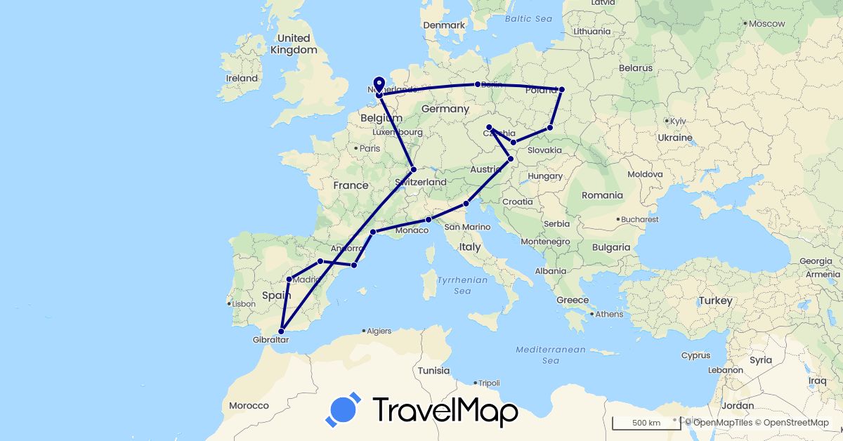 TravelMap itinerary: driving in Austria, Switzerland, Czech Republic, Germany, Spain, France, Italy, Netherlands, Poland (Europe)